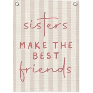 Dilemat Sisters Make the Best Friends Canvas Banner Wall Hanging,Girls Room Decor,Preppy Pink Striped Wall Decor Hanging Banner Flag for Girls Toddler Nursery Room Bedroom Playroom 18X25 Inch