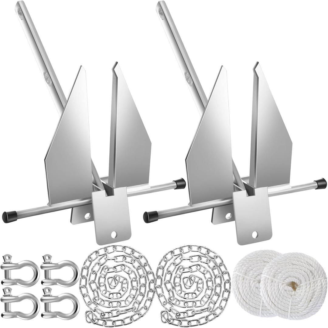 Lounsweer 2 Sets Boat Anchor Kit Portable Galvanized Fluke Anchor with Anchor Chain, Anchor Rope and Shackles for Different Size Boats Pontoon, Deck, Fishing, and Sail Equipments (8 lb, Silver)