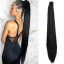SEIKEA 35 Inch Clip in Ponytail Extension Wrap Around Long Straight Pony Tail Hair Synthetic Hairpiece for Women - Black