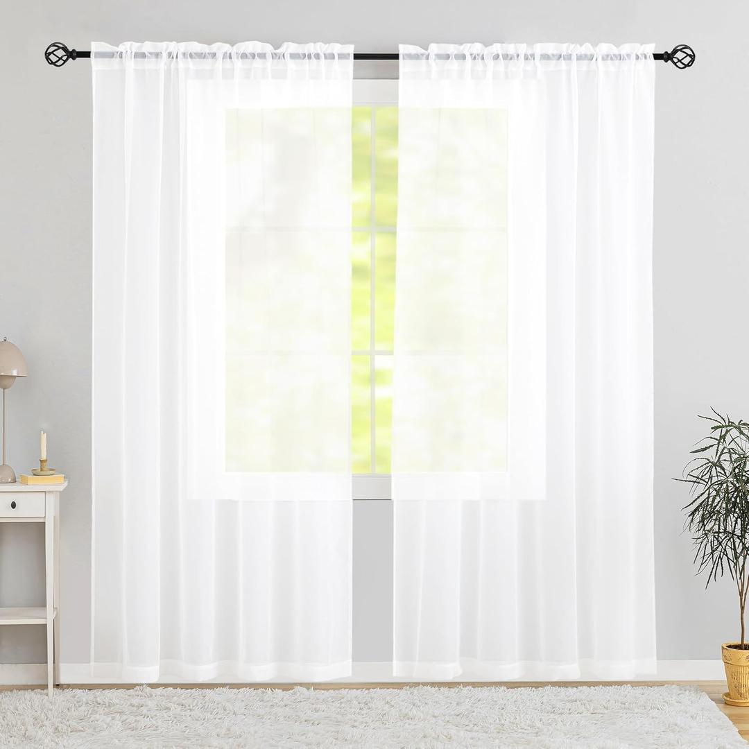 Semi Voile White Sheer Curtains 96 Inches Long 2 Panels Rod Pocket Window Treatment for Living Room Bedroom Dining Room(White 60" W x 96" L)