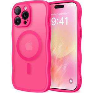 CAPRARO Cute for iPhone 14 Pro Case, Compatible with MagSafe, [Curly Wave Edge] [Full Camera Protection] [14 FT Drop Protection] Magnetic Phone Case for 14 Pro 6.1 Inch, Hot Pink