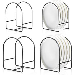4 Packs Black Kitchen Plate Holder for Cabinet 2 Large 2 Small Dinner Dish Plate Organizer Rack Upright Dish Drying Racks Metal Dishes Racks Stand