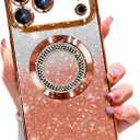 Misscase for iPhone 17 Pro Max Magnetic Glitter Case Compatible with MagSafe,Full Protection Slim Shockproof Anti-Scratch Case with Camera Lens Protector Plating Bling Dust-Proof Net Orange