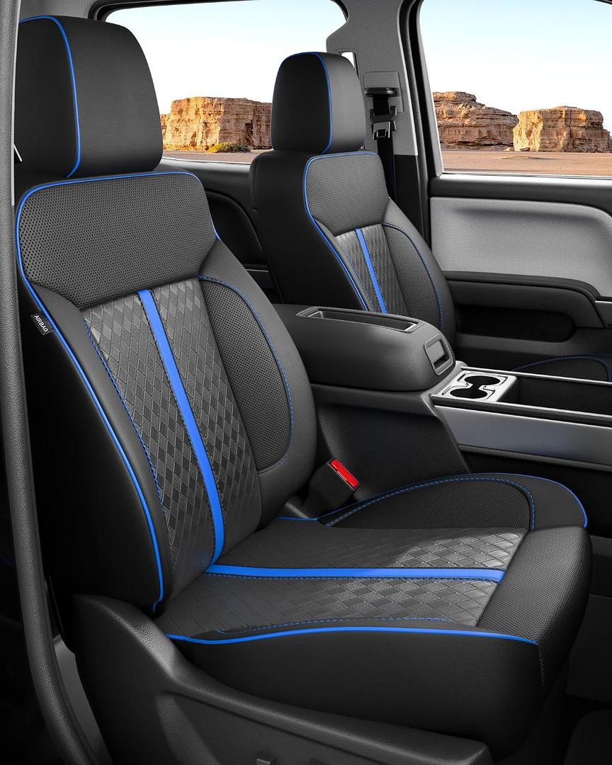 for Chevy Silverado & GMC Sierra Leather Seat Covers Crew Cab 1500 2014-2018, 2500HD 3500HD 2015-2019, Custom Seat Cover Full Set, Pickup Protector Accessories, Black Blue(W/O Rear Cupholder)