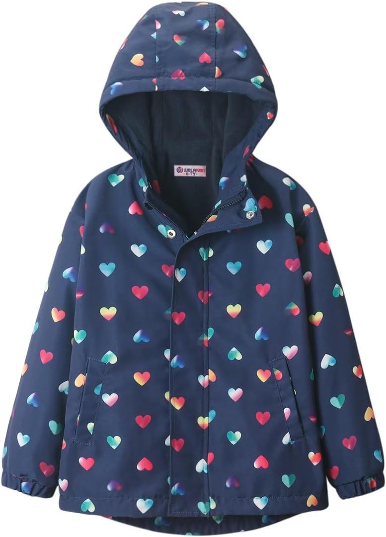 WELAKEN Fleece lined Jackets with Water-Resistance Frabic for Kid's & Toddler II Girl's Rain Jacket & coats (6-7 Years, Heart)