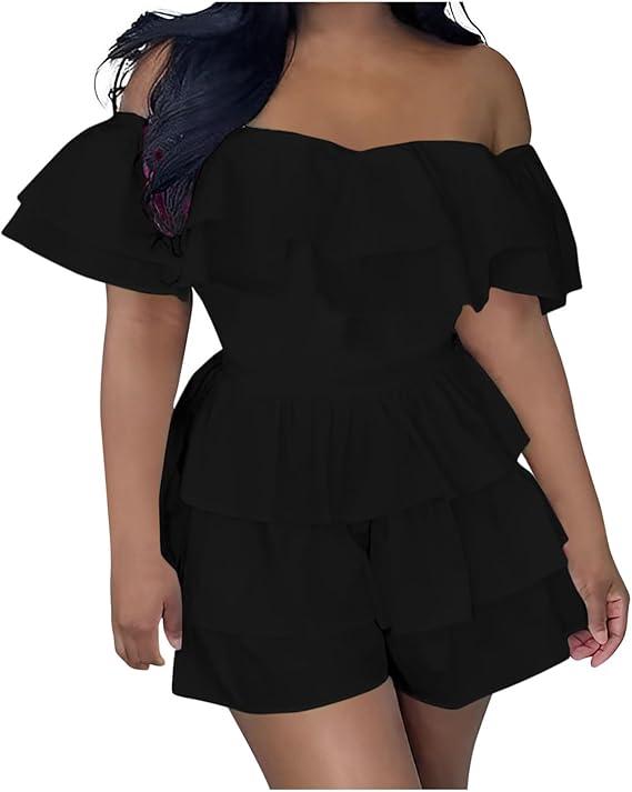 Xiaojmake Women's Off Shoulder Jumpsuits Wrap Tie Up Back Ruffled Layer Short Sleeve Romper Overalls Tiered Short Jumpsuits Black S