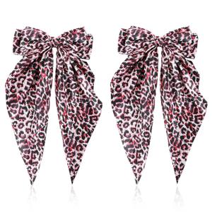 2Pcs Leopard Print Hair Bow Clips, Long Tail Ribbon Satin Leopard Big Metal Hair Bow Barrettes Ponytail Styling Accessories for Women Girls, Red Cheetah Print