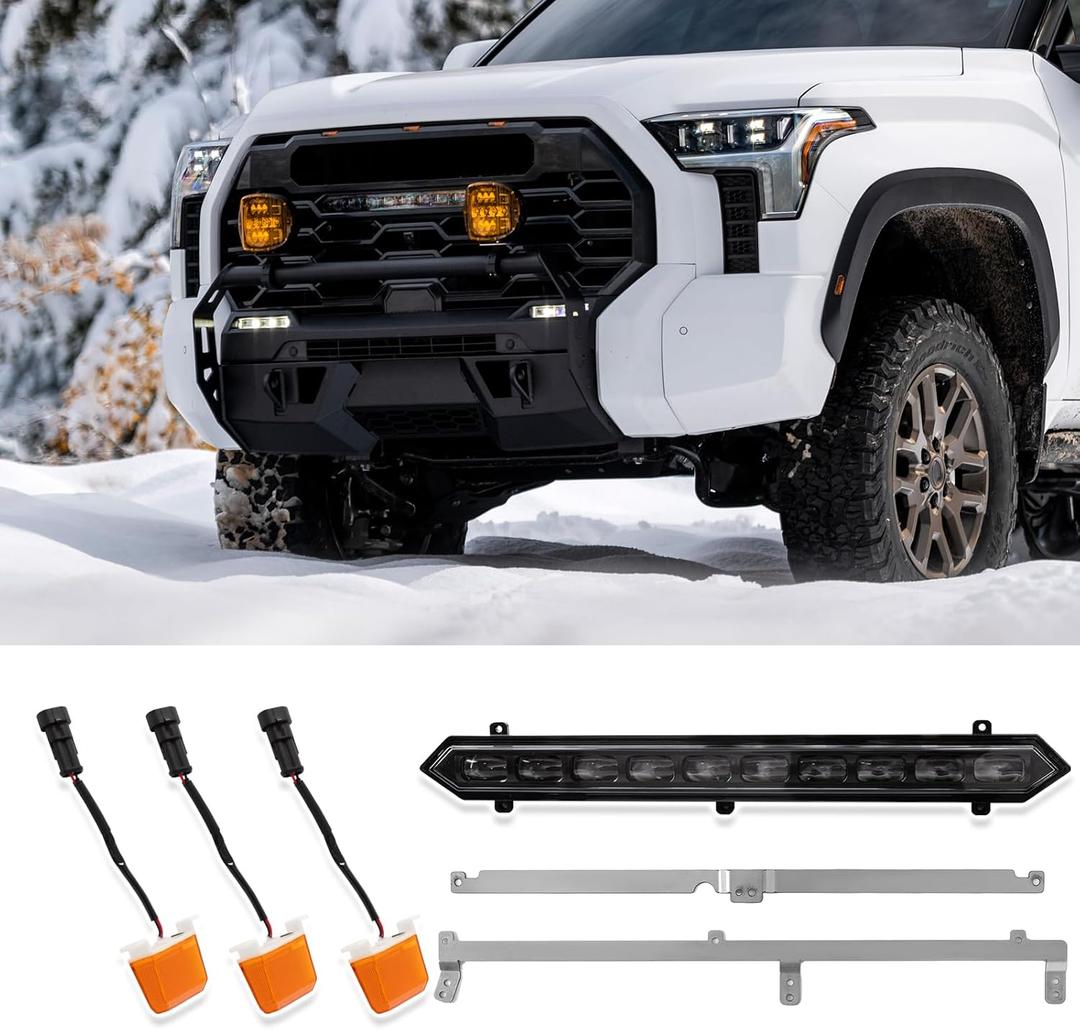 Front Bumper LED Grille Lights,3PCS Amber Grille Lights Insert,1PCS White Light Bar Set fit for Toyota Tundra for TRD Pro 2022 2023 2024,LED Grille Light Assembly