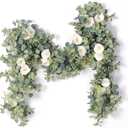 PARTY JOY 2pcs 6.56ft Eucalyptus Garland with Flowers-8 White Roses, Artificial Fake Flowers Greenery Garland Floral Vines for Decoration Party Wedding Table Indoor Outdoor Backdrop Wall Decor(White)