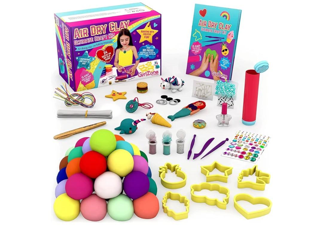 GirlZone Air Dry Clay Ultimate Craft Kit, 100+ Piece Kids Modeling Set, No Baking Required, Arts & Crafts for Girls Age 3+ (Regular Size) - Air Dry Clay Kit for Kids
