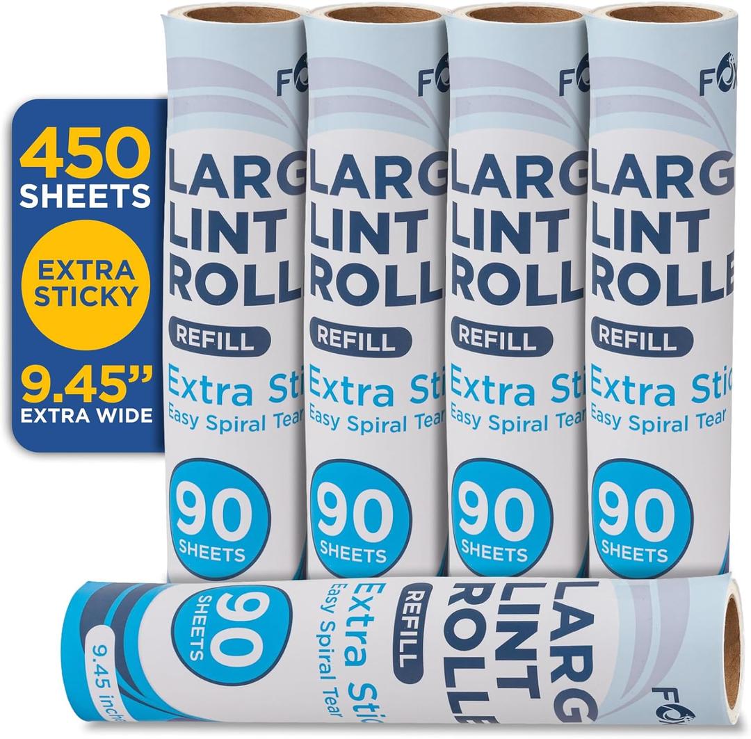 Lint Roller Refills  9.45 Inch Wide  Lint Rollers for Pet Hair Extra Sticky Refills  Ideal for Furniture, Clothes, Bedding - 5 Pack 450 Sheets