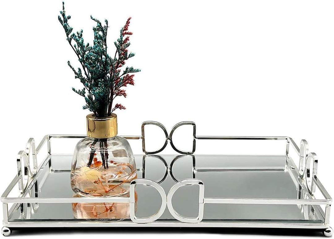 Decorative Tray, Bright Silver, Modern Premium Feeling Perfume Tray, Luxury Rust-Proof Glass Tray for Bathroom, Dresser, Bedroom (Bright Silver 11.77.92in)