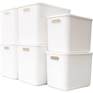 Yishyfier Plastic Storage Baskets Bins Boxes With Lids,Organizing Container White Storage Organizer Bins For Shelves Drawers Desktop Playroom Classroom Office,6-Pack(4XL+2L)