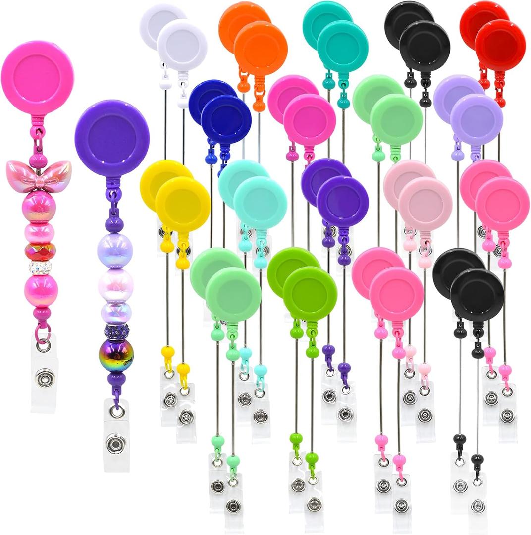 30pcs Colorful Beadable Badge Reels Making Kits - Beaded Blank Bars Bulk - Retractable Badge Reel with Belt Clip for ID Name DIY Gift Beadable Items for Nurses, Teachers, Students, Office, Workers