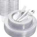 Ciaell 150PCS Clear Silver Plastic Plates - Silver Disposable Plates include 25Dinner Plate, 25Dessert Plate, 25Forks, 25Knives, 25Spoons, 25Cups for Weddings & Parties