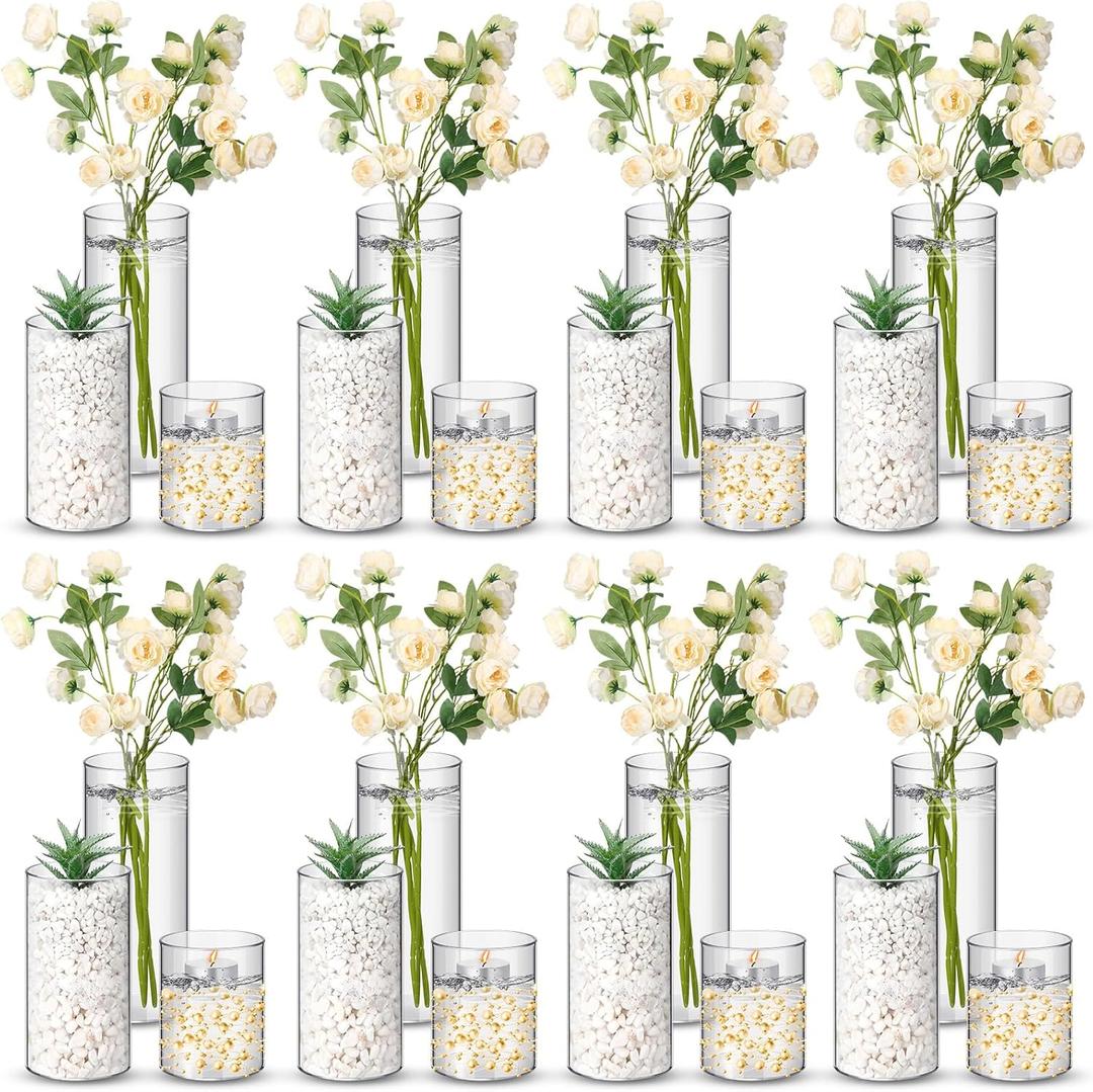 Nuogo 24 Pcs Plastic Cylinder Vases Tall Clear Flower Vases for Centerpieces Hurricane Candle Holder for Home Wedding Office Party Formal Dinners Decorations (4''/6''/8'')