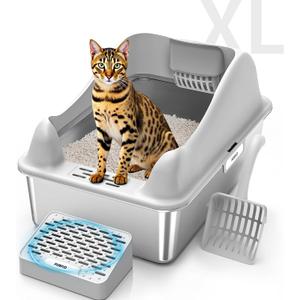 Stainless Steel Cat Litter Box with Lid, XL Extra Large Litter Box for Big Cats, High Sided Kitty Metal Pan with Pedal Filter and Scoop, Non-Sticky&Anti-Leakage Easy Cleaning Gray