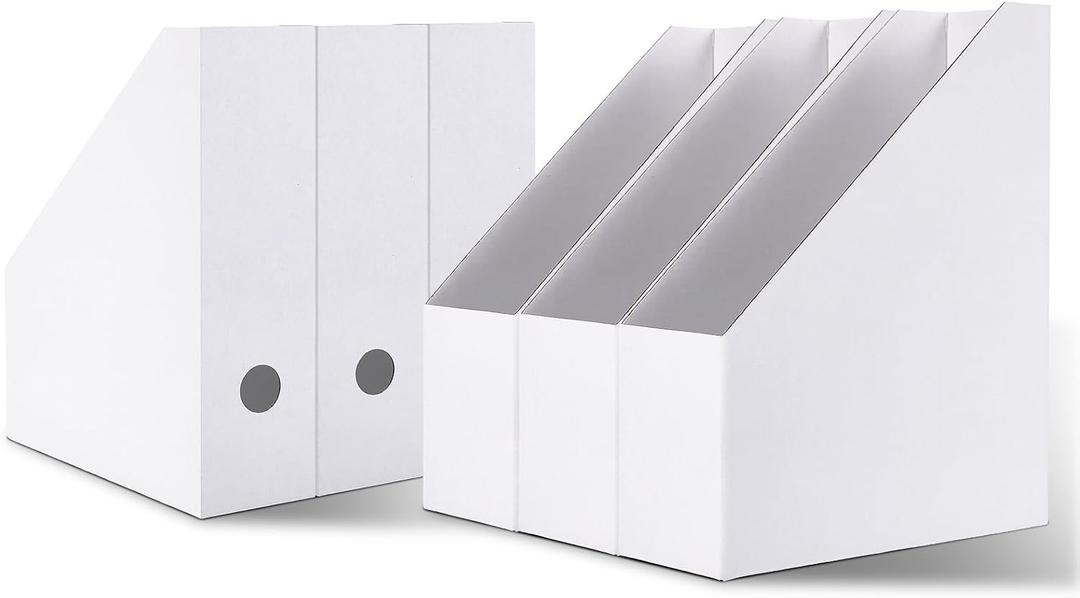 Rempry Magazine File Holders White, Foldable Cardboard Document Organizer Boxes with Labels, Space-Saving Storage for Office, Home, School, 10x3.3x12 Inchs, 6 Pack