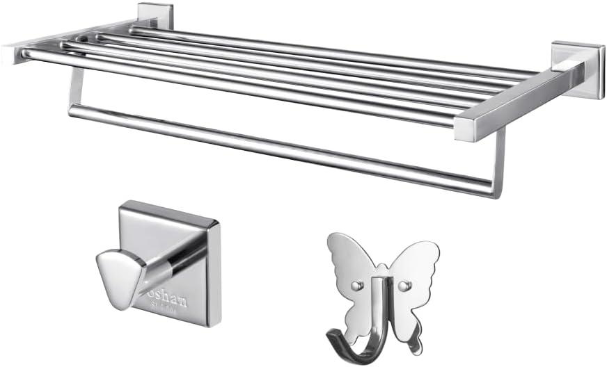 ROSHAN Silver Bathroom Towel Rack with 2 Extra Hooks, Stainless Steel, 3PCS