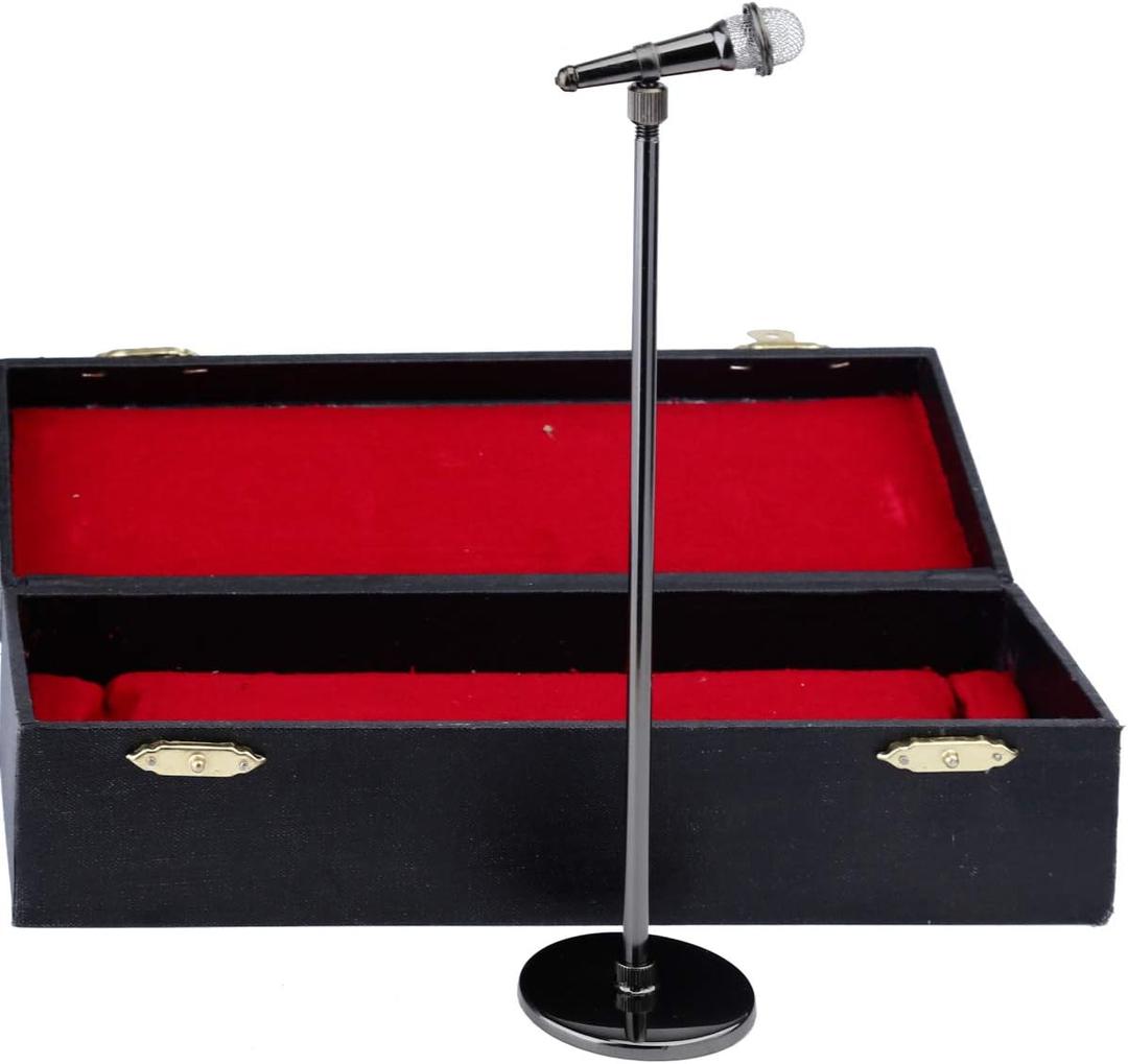 Miniature Microphone with Case Mini Musical Instrument Microphone Replica Model Fit for 1:6 Action Figures Dollhouse Accessories Home Decoration Ornament (Black, (Adjustable) 7.87"-11.41")