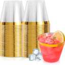 31 Gold Plastic Cups, 9 oz Clear with Metallic Gold Rim Disposable Cups, Elegant Plastic Tumblers, Fancy Party Cups