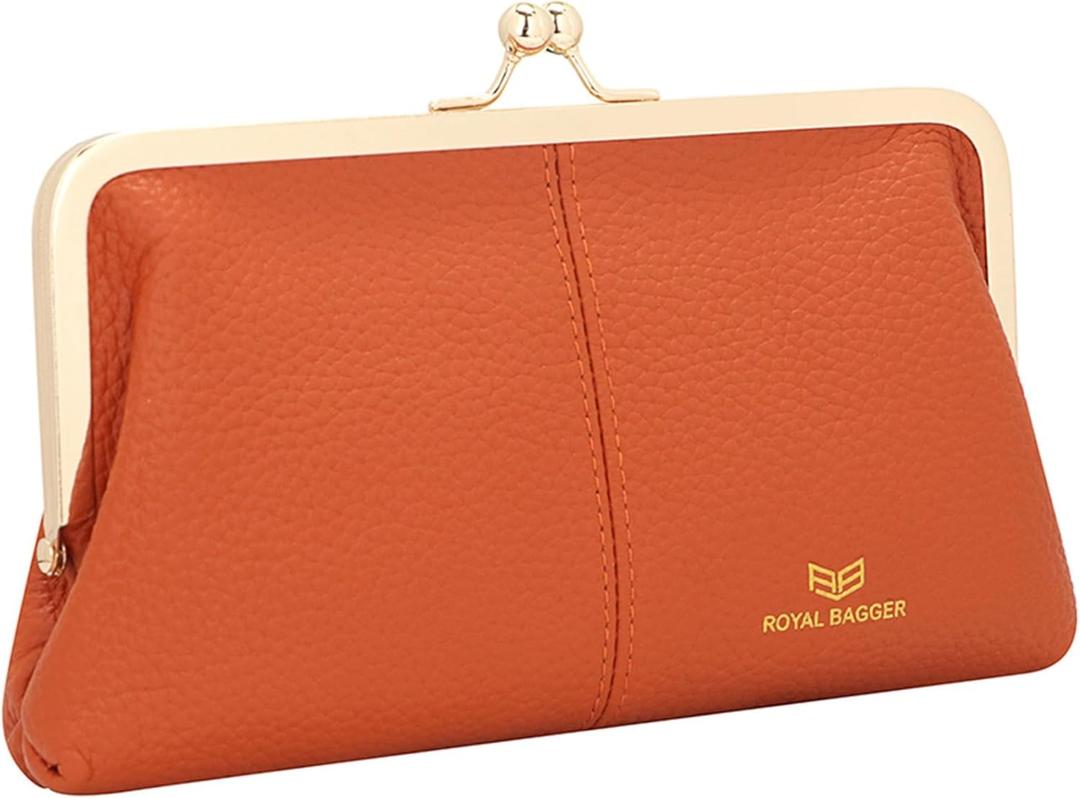 Royal Bagger RFID Kiss Lock Wallet, Solid Color Multi-card Slots Card Holder, Genuine Leather Clutch Purses for Women 1468 (Orange)