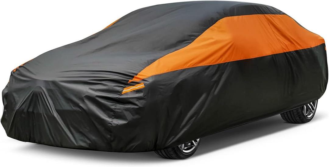 Car Cover for Automobiles All Weather Waterproof, Universal Fit Sedan Ford Mustang, Chevy Camaro/Malibu, Kia Optima, Hyundai Sonata, Nissan Altima, Volkswagen Passat, Tesla Model 3 etc. (Black-Orange)
