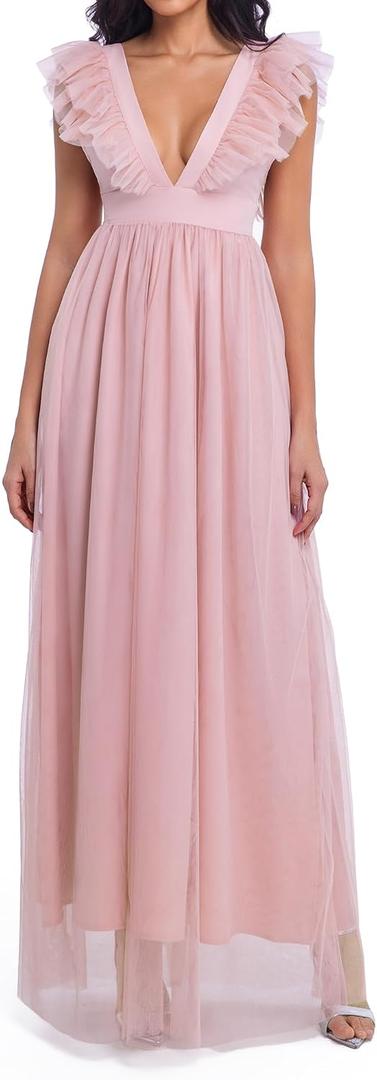 Women's Elegant Sleeveless Deep V Neck Mesh Ruffle Long Formal Party Evening Dress (S)