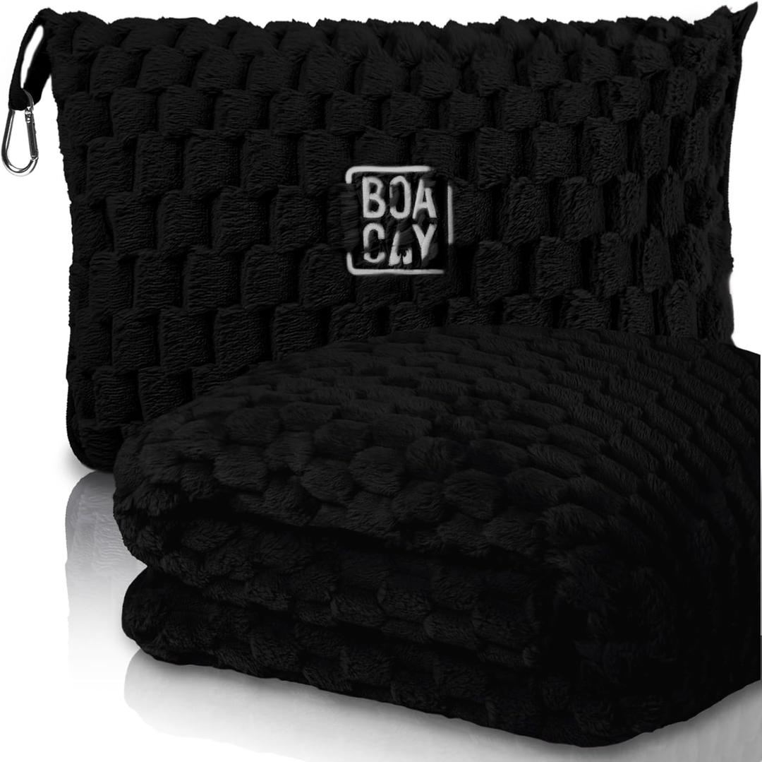 BOACAY Packable Travel Blanket for Airplane, Car - Compact Office Blanket - Portable Pillow for Adults, Kids with Case, Luggage Sleeve, Backpack Clip (Single, Black)