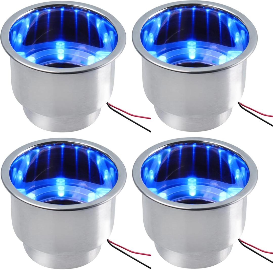 4PCS Boat Cup Holder, Stainless Steel Boat Cup Holder Insert, Blue Led Cup Holder Lights for Boat with Drain, 12V Waterproof Drink Holder, Night Mood Lighting Cup Holders for Marine, Boat, RV, Camper
