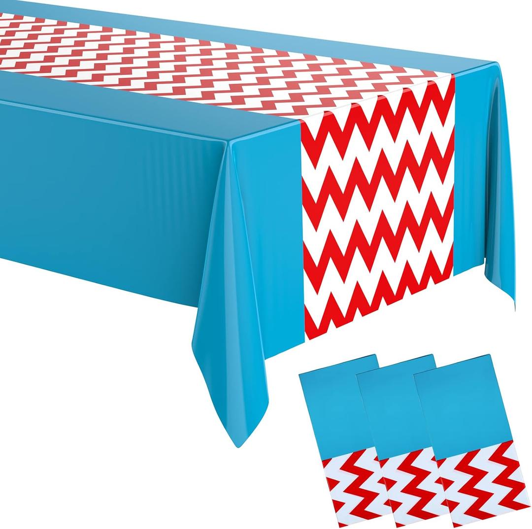 Irenare 3 Pcs Striped Tablecloth Disposable Plastic Tablecloth 54 x 108 Red and White Striped Blue Decorations Table Cover Baby Shower Party Decorations for Camping Birthday Wedding