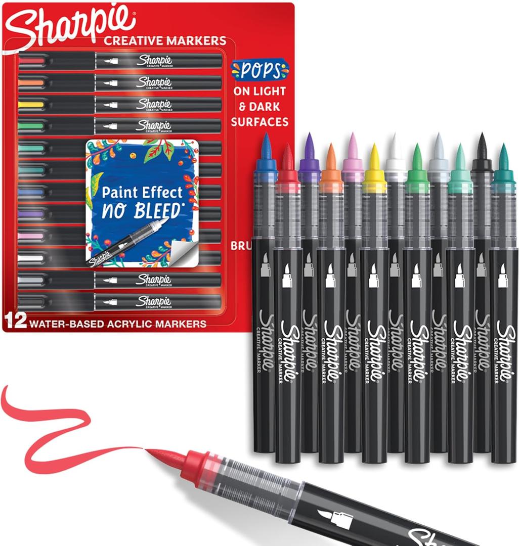 Sharpie Creative Markers, Water-Based Acrylic, Brush Tip, Assorted Colors, 12 Count Arts & Crafts, Kids Activity, School Classroom; Works on Paper, Metal, Wood, Ceramic, Glass, Rock, Canvas