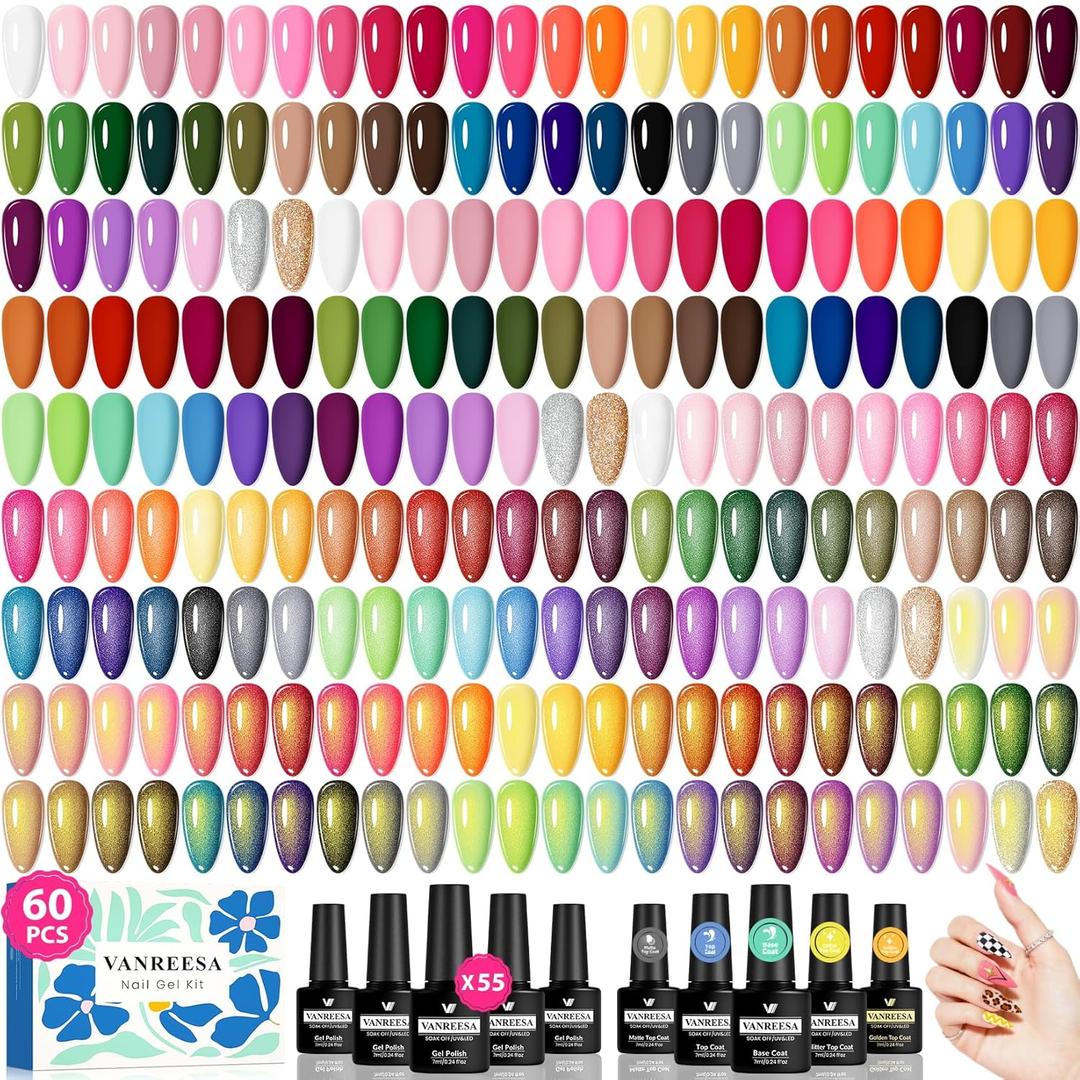 VANREESA 60 Pcs Gel Nail Polish Set, 55 Colors Gel Polish with Base Coat & 4 Effects Top Coat Full-Color Nail Polish Set All Seasons Nail Kit Gifts for Women Girls Nail Salon at Home