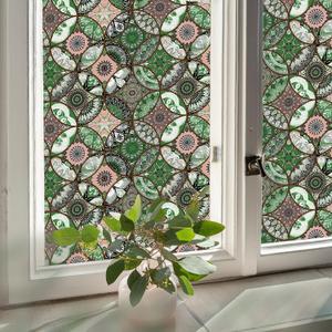 Frosted Glass Window Privacy Film Vintage Mandala, No Adhesive Static Bathroom Window Film Cling for Glass Window Door, Living Room, Pink Green Mandala Sticker 16.92"X47.24"