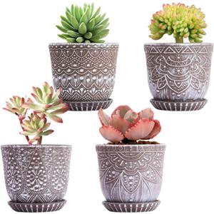 Gepege Succulent Pots, 4 Inch Small Indoor Ceramic Planter Pot with Drainage Holes and Saucers for Plants - Set of 4 (Clay+white)