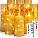Raycare Flameless LED Candles with Embedded Star String, 9 Pcs Battery Operated Acrylic Pillar Candles with Timer and Remote, Flickering Candle for Romantic Ambiance and Home Decoration(Glod) (Gold)