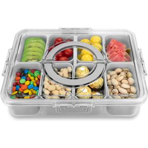 HRXFOZ Divided Serving Tray with Lid and Handle,8 Compartments Snacks Box,Snack Fruit and Veggie Tray,Portable Platter for Candy Fruits Nuts Snack Party Entertaining Picnic (1 PCS)