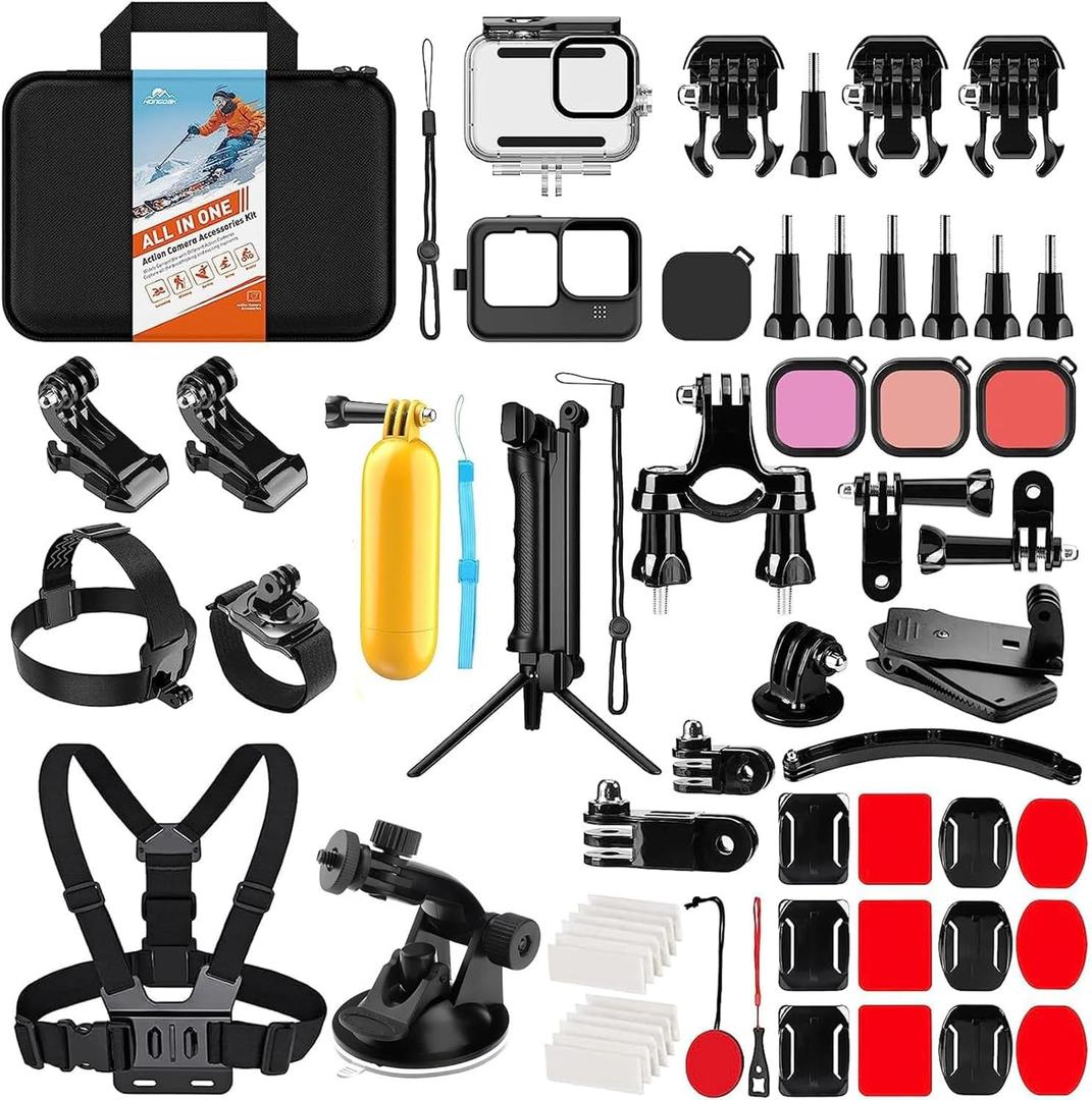 HONGDAK Action Camera Accessories Kit for GoPro Hero 13 12 11 10 9 Black, Waterproof Housing+Silicone Case+ Adjustable Arm+Head Chest Wrist Strap+Bike Mount+Suction Cup+Floating Grip Bundle Set 63in1