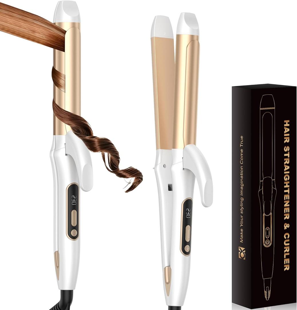 Dual Voltage Curling Iron Travel 2 in 1 Curl and Straightener (110V-240V) 1.25 Inch Normal Size Hair Curle Ceramic with EU/ UK Plug Adapter Curling Wand Adjustable Temperature Anti-Tangle (Off-White)