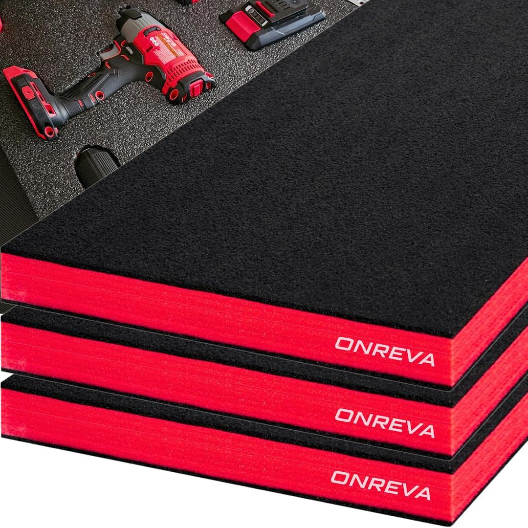 ONREVA Tool Box Foam 22x20x2 inch 3Pack, Foam Inserts for Cases, Polyethylene Storage Sheets for Toolbox Hard Case, Tool Shadow Insert, Kaizen Organizer Sheet, Black with Red