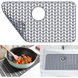 Sink Protectors for Kitchen Sink 12"13"16"18"19"24"26"28"29"30",Silicone kitchen sink mats protector for bottom of farmhouse sink(26"x14"Rear Drain Gray)
