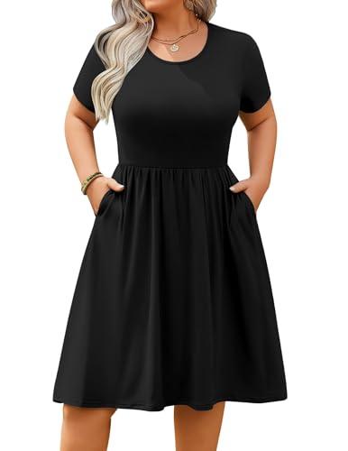IN'VOLAND Womens Plus Size Summer Dress Casual Short Sleeve Empire Waist Loose Fit Swing T-Shirt Dress with Pockets Black 2Xl