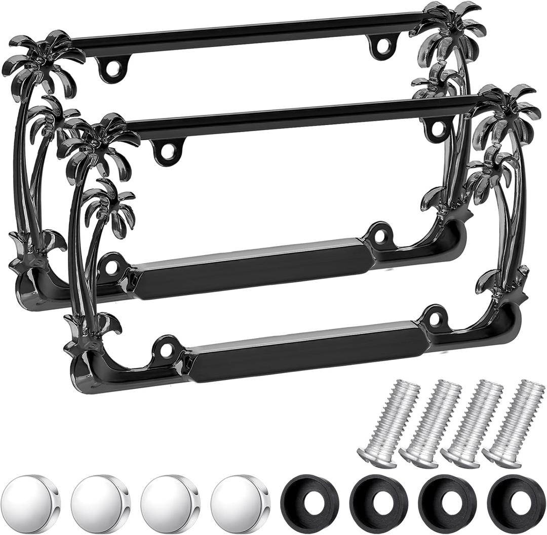 MorningRo 2 Pcs Palm Tree License Plate Frame Plastic Beach Coconut Tree Design Frame Compatible with Standard License Plate for USA 2 Holes with Screws for Women Men(Black)