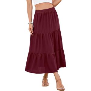 Women's 2025 Summer Boho Tiered Maxi Skirt Flowy A-Line Elastic Waist with Pockets Trendy Beach Long Skirts (XXL)
