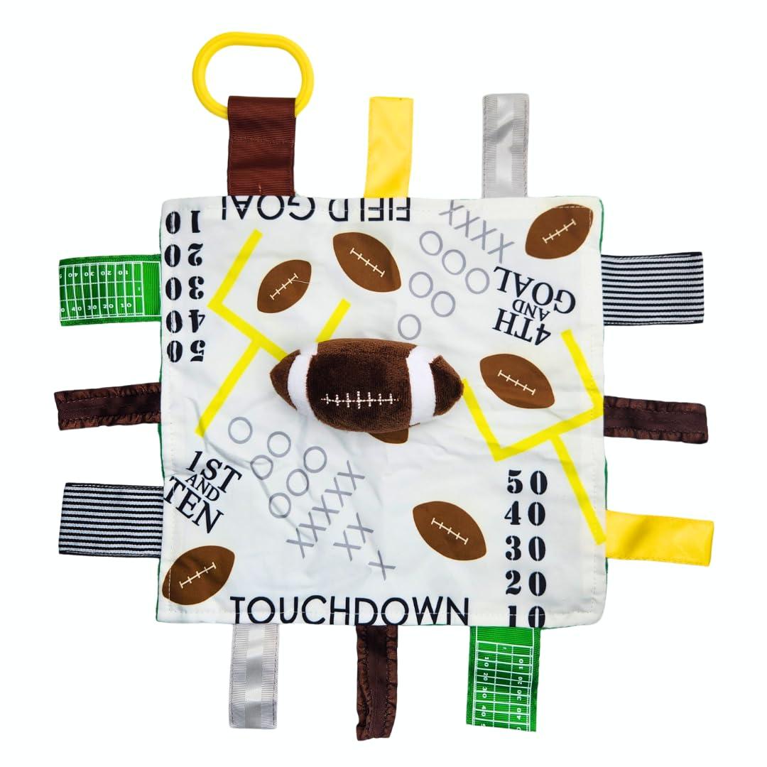 Baby Jack & Co 10x10 Football Sports Lovey Sensory Plush Blanket - Tag Toys for Babies - Baby Stroller Toys - Learn Shapes, Letters & Colors - MVP Baby Ball Toy & Baby Sports Gift