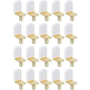 Uxcell 50Pcs Shelf Support Pegs, 6mm L-Shaped Bracket Style Shelf Pegs Pegs with Rubber Sleeve, Metal Support Pegs Holder for Kitchen Cabinet Bookcase (Gold, White)