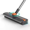 Floor Scrub Brush with Long Handle Length Adjustable, 3 in 1 Heavy-Duty Stiff 90 Bristle Floor Scrubber Broom with Squeegee, Cleaning Brush for Bathroom, Garage, Kitchen, Tile, Deck & Patio (Gray)