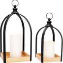 Decor Modern Farmhouse Lantern Decor Set of 2, Black Metal Candle Lanterns, Wooden Lanterns Decorative w/Timer & Remote-Controlled Flickering Candles for Home, Indoor, Table, Fireplace Mantle Dcor