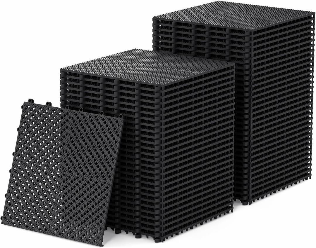 Jocoevol 60-Pcs Interlocking Tile, Indoor/ Outdoor Drainage Interlocking Floor Tiles 11.8" x 11.8", Anti-Slip Waterproof Soft PVC Splicing Flooring Tile for Garage Patio Pool Bathroom, Black