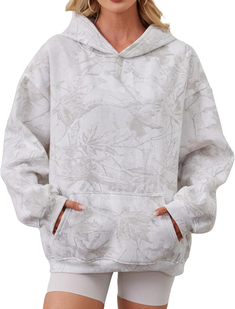 TERIVEEK Women Camo Hoodies Oversized Maple Leaf Fleece Hooded Sweatshirt Long Sleeve Fall Trendy Pullover Hoodie with Pocket (XL)